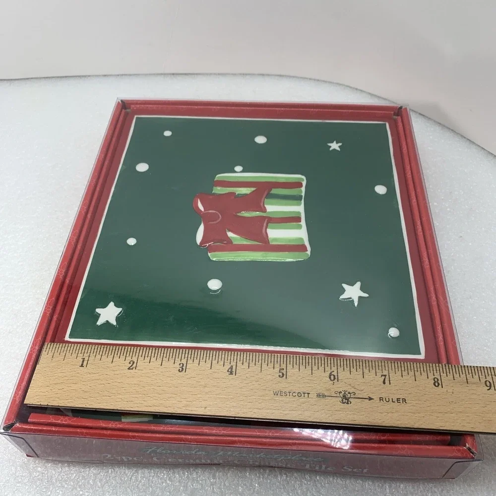 Vintage Ceramic Christmas Cheese Title Set Knife Green Board Gift, NEW
